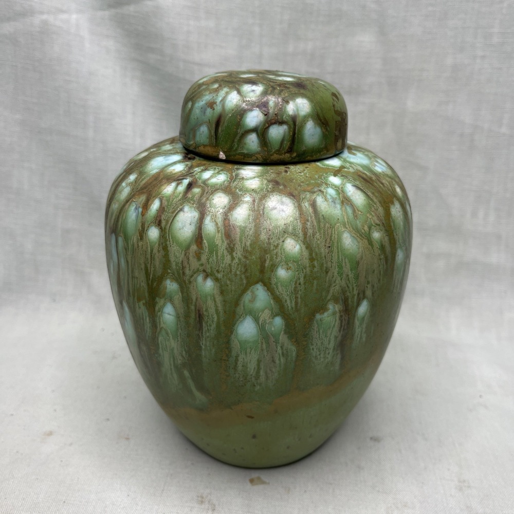 Vintage Green Drip Glaze Lidded Jar Art Pottery Vase Studio Style Ceramic